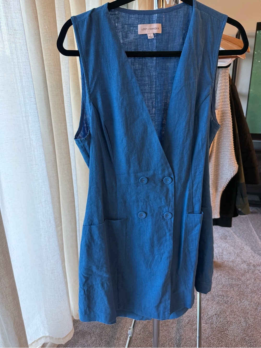 Lost + Wander Blue Linen Look Double Breasted Romper Size L